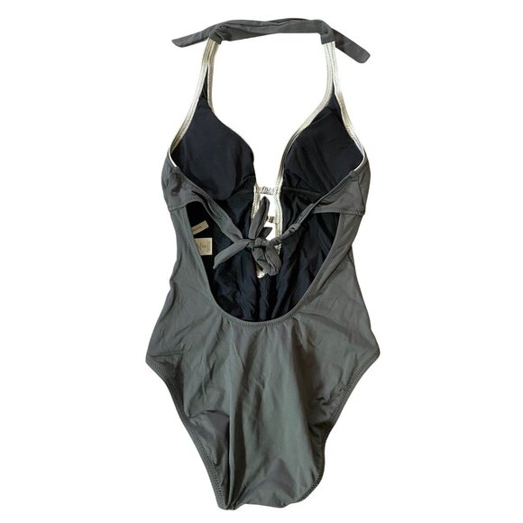 Boston Proper Gray Halter One-Piece Swimsuit Rhinestone Details Size 10 - Picture 2 of 11